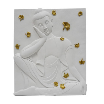 Decoratiune de perete alba din rasina, 46 x 5,7 x 55,5 cm, Buddha Mauro Ferreti