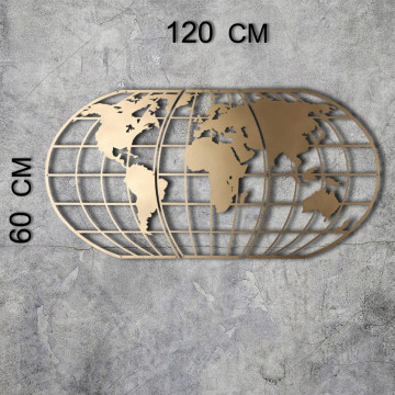 Decoratiune de perete, World Map Globe Led, Metal, Dimensiune: 60 x 120 cm, Auriu - Img 3