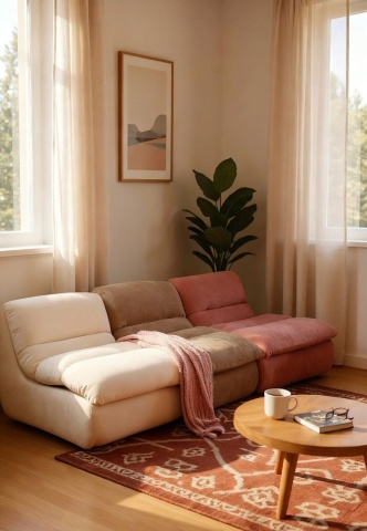 Fotoliu memory relax cre , bej si roz pudra asezate in forma de canapea modulara 3 locuri