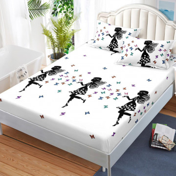 Husa de pat cu elastic si 2 fete de perna, tesatura tip finet, pat 2 persoane, alb / negru, HBFJ-183