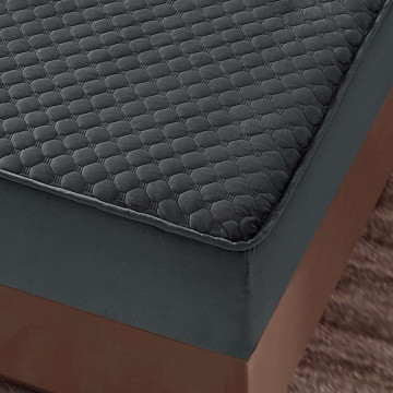 Husa de pat matlasata si 2 fete de perne din catifea, cu elastic, model tip topper, pentru saltea 160x200 cm, gri inchis, HTC-39 - Img 4