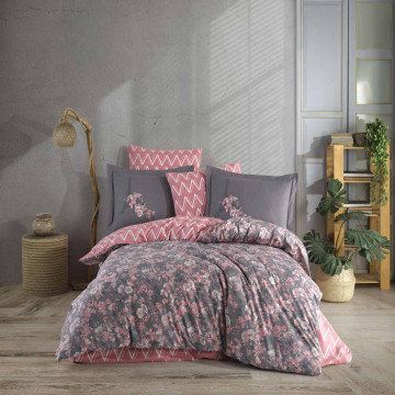 Lenjerie de pat, 100% bumbac, tesatura poplin, pat 2 persoane, roz / gri inchis, Alanza