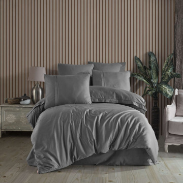 Lenjerie de pat, 100% bumbac, tesatura satin, pat 2 persoane, 6 piese, gri inchis, Plain