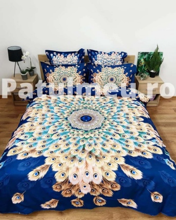 Set multicolor FNJD-10 din bumbac tip finet, 6 piese pentru pat dublu cu fețe de pernă 55x80 și 70x70 cm