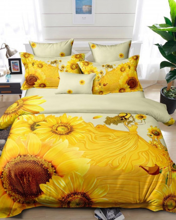 Lenjerie de pat cu 2 fete, bumbac finet, pat 2 persoane, galben, 6 piese, A2-25
