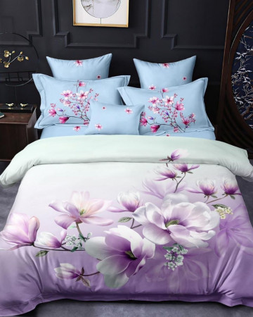 Lenjerie de pat cu 2 fete, bumbac finet, pat 2 persoane, mov / bleu, 6 piese, A2-13