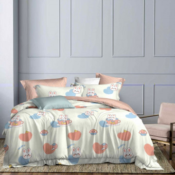 Lenjerie de pat cu 2 fete, tesatura tip finet, 4 piese, pat 1 persoana, alb / roz, FNJ1-235