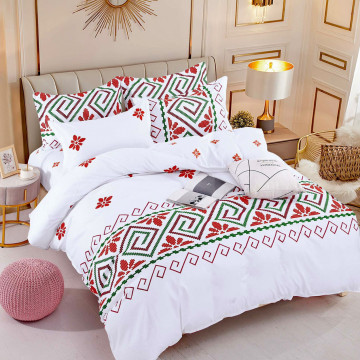 Lenjerie de pat cu 2 fete, tesatura tip finet, pat 1 persoana, 4 piese, alb / verde, FNJ1-197