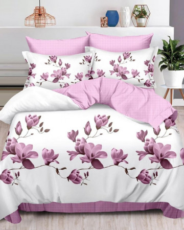 Lenjerie de pat cu 2 fete, tesatura tip finet, pat 2 persoane, 6 piese, alb / roz, FN-490