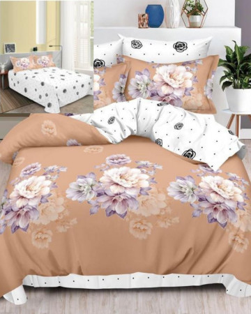 Lenjerie de pat cu 2 fete, tesatura tip finet, pat 2 persoane, 6 piese, alb / maro, FN-528