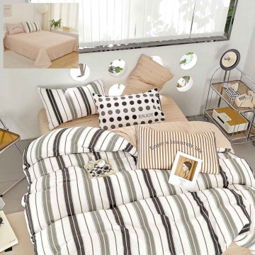 Lenjerie de pat cu 2 fete, tesatura tip finet, pat 2 persoane, 6 piese, alb / bej, R60-537