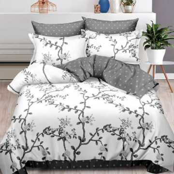 Lenjerie de pat cu 2 fete, tesatura tip finet, pat 2 persoane, gri / alb, 6 piese, FN-579