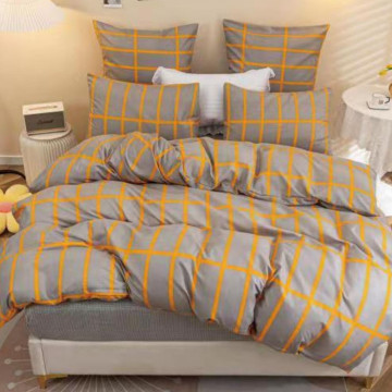 Lenjerie de pat cu elastic, policoton, pat 2 persoane, gri / portocaliu, 4 piese, E-64 - Img 1
