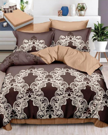 Lenjerie de pat cu elastic, tesatura tip finet, pat 2 persoane, 6 piese, maro, FNE-149