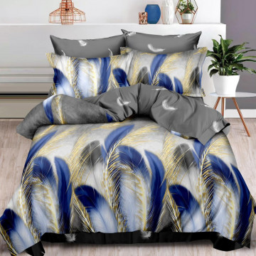 Lenjerie de pat cu elastic, tesatura tip finet, pat 2 persoane, albastru / gri, 6 piese, FNE-174