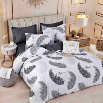 Lenjerie de pat cu elastic, tesatura tip finet, pat 2 persoane, alb / antracit, 6 piese, FNJE-119