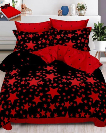 Lenjerie de pat cu elastic, tesatura tip finet, pat 2 persoane, rosu / negru, 6 piese, FNE-102