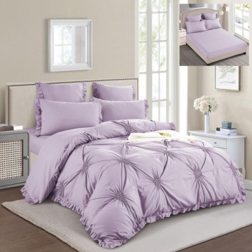 Lenjerie de pat uni cu pliuri si broderie, tesatura tip finet, 6 piese, pat 2 persoane, lila, T1-11