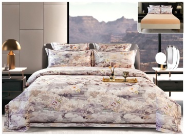 Lenjerie pat satin digital flori | Bej deschis | 6 piese | 2 persoane | Cu elastic