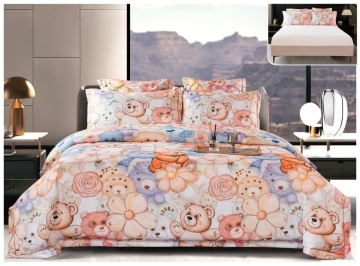 Lenjerie pat satin digital ursuleți | Multicolor pastel | 6 piese | 2 persoane | Cu elastic