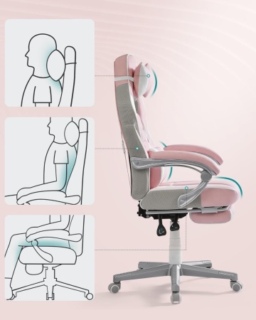 Scaun ergonomic cu recliner, Ø 70 cm, metal / piele ecologica, roz / alb, Songmics - Img 8