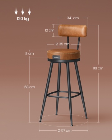 Set 2 scaune de bar rotative, Ø 57 x h101 cm, metal / piele ecologica, caramel / negru, Vasagle - Img 7