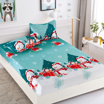 Set husa de pat Mos Craciun cu elastic si 2 fete de perna, bumbac tip finet, 3 piese, pat 2 persoane, turquoise, HBFC-36
