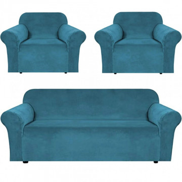Set huse elastice din catifea pentru canapea 3 locuri + 2 fotolii, cu brate, turquoise, HCCJS-05 - Img 2
