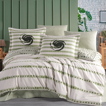 Set lenjerie de pat 4 piese pentru 2 persoane bumbac poplin 100% crem cu verde | Squall | Hobby Home