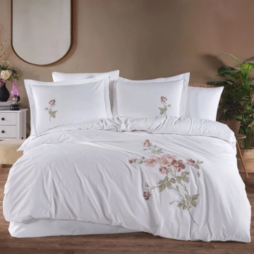 Set lenjerie de pat bumbac poplin 100% Ophelia | Hobby Home | Alb | Broderie florală | 6 piese | 2 persoane