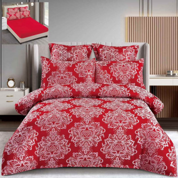 Set lenjerie de pat cu elastic, bumbac tip jacquard, 6 piese, pat 2 persoane, rosu, T3-03