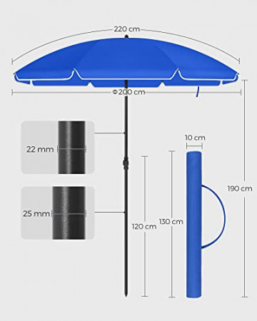 Umbrela de gradina albastra din poliester si metal, ∅ 200 cm, Vasagle - Img 3