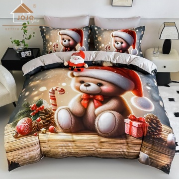 🎄 Lenjerie de Pat 6 Piese Crăciun Bej | Ursuleț cu Moș Crăciun | Imprimeu Digital 5D | Finet | Jojo Home