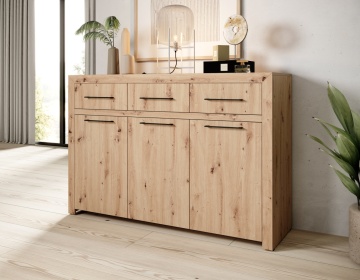 Comodă 3-door JANEZ – 150x47x102 cm – Stejar Artisan / Negru
