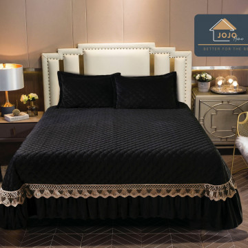 Cuvertura de pat cu volan si broderie, 2 fete de perne, catifea, pat 2 persoane, negru, 3 piese, CCBJ-05