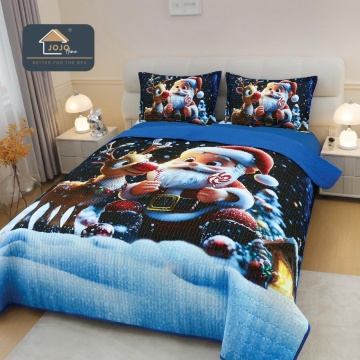 Cuvertură de Pat Matlasată 5D Crăciun Albastru | Moș Crăciun cu Ren | 3 Piese | Finet Catifelat | PatulMeu