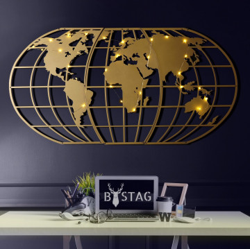 Decoratiune de perete, World Map Globe Led, Metal, Dimensiune: 60 x 120 cm, Auriu - Img 4