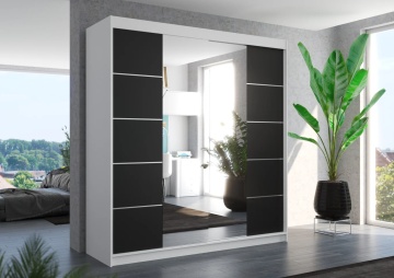 Dulap Dalmatia 200 cm alb și negru cu uși glisante, oglindă centrală și design modern, amplasat într-un dormitor contemporan