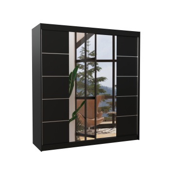 Dulap cu uși glisante DALMATIA – cu oglindă – 200x58x215 cm – Negru – prezentare vizuală a produsului