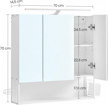 Dulap de perete cu oglinda si iluminare LED, PAL melaminat, alb, Vasagle - Img 3