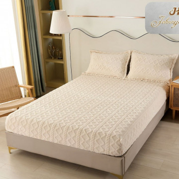 Husa de pat cu elastic si 2 fete de perna, cocolino tip jacquard, uni, pat 2 persoane, crem, C07