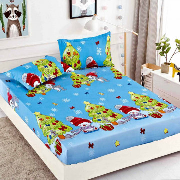 Husa de pat cu elastic si 2 fete de perna, tesatura tip finet, pat 1 persoana, bleu, HBF1-34