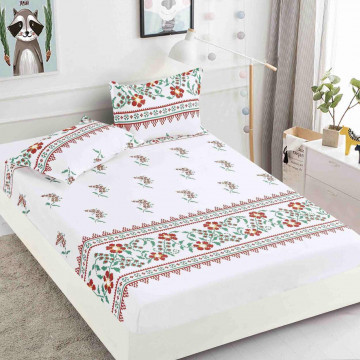 Husa de pat cu elastic si 2 fete de perna, tesatura tip finet, pat 2 persoane, alb / verde, HBF-255