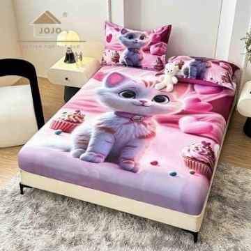 Husă de pat Finet 5D roz cu pisicuță + 2 fețe de pernă | JoJo Home