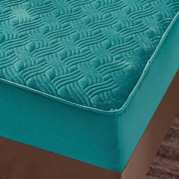 Husa de pat matlasata si 2 fete de perne din catifea, cu elastic, model tip topper, pentru saltea 180x200 cm, turquoise, HTC-03 - Img 4