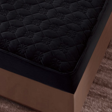 Husa de pat matlasata si 2 fete de perne din catifea, cu elastic, model tip topper, pentru saltea 140x200 cm, negru, HTC-31 - Img 4
