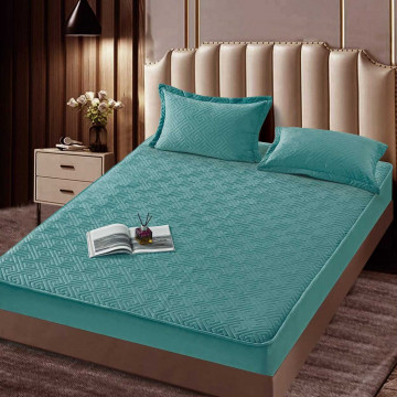 Husa de pat matlasata si 2 fete de perne din catifea, cu elastic, model tip topper, pentru saltea 160x200 cm, turquoise, HTC-47 - Img 2