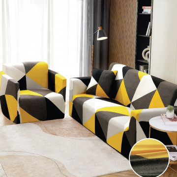 Husa elastica moderna pentru canapea 2 locuri, poliester / spandex, alb / galben, HEJ2-46 - Img 2