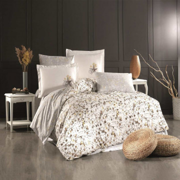 Lenjerie de pat, 100% bumbac, tesatura poplin, pat 2 persoane, alb / maro, Frame