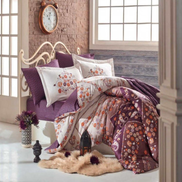 Lenjerie de pat, 100% bumbac, tesatura satin, pat 2 persoane, alb / violet, Sancha